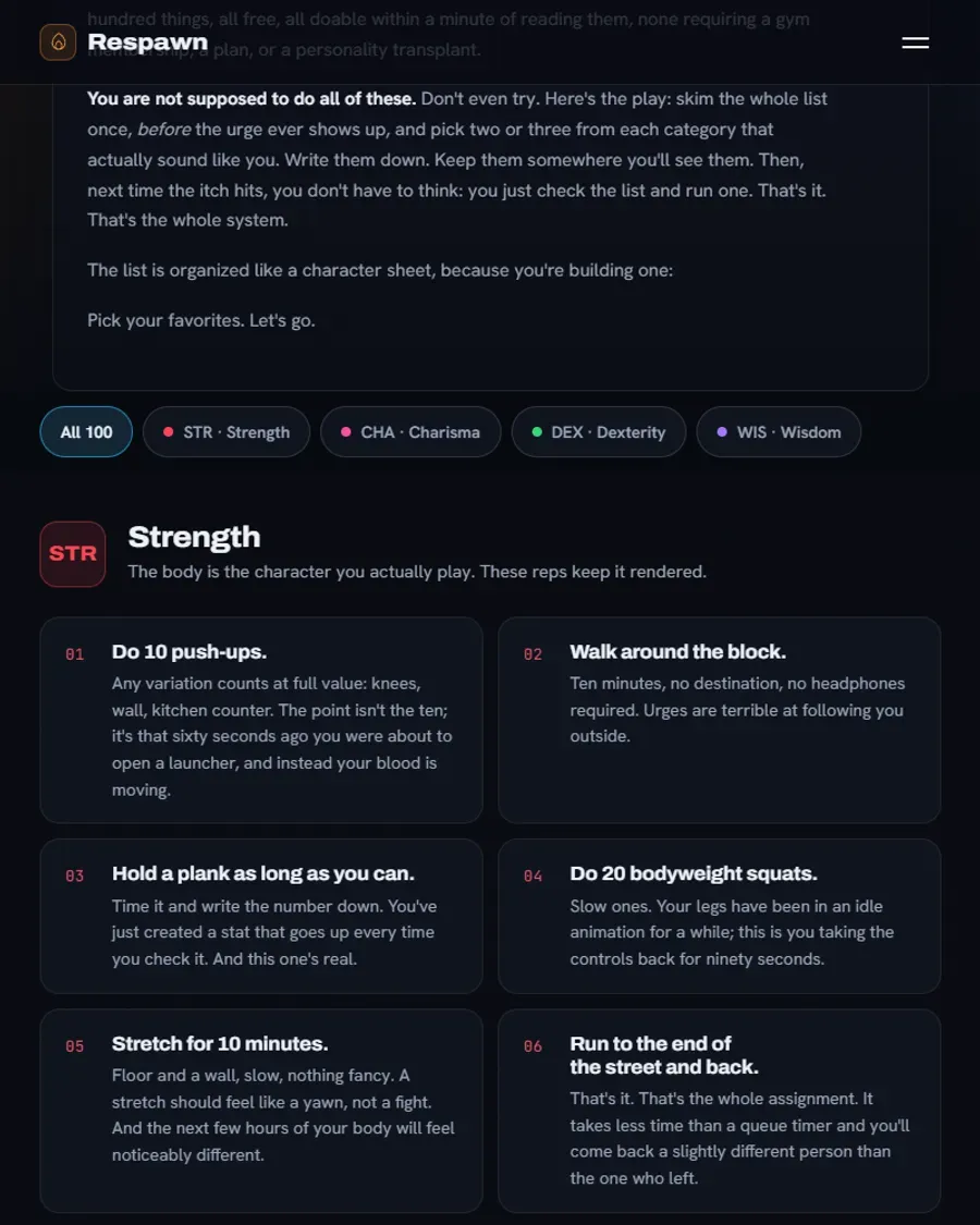 A real screenshot of the 100 Things list filtered by stat