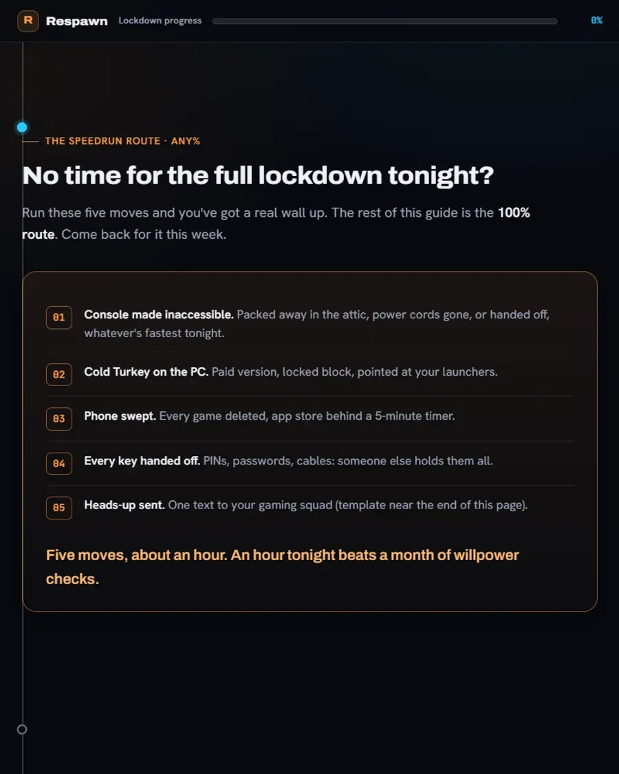 A real screenshot of the Lockdown Loadout's speedrun checklist